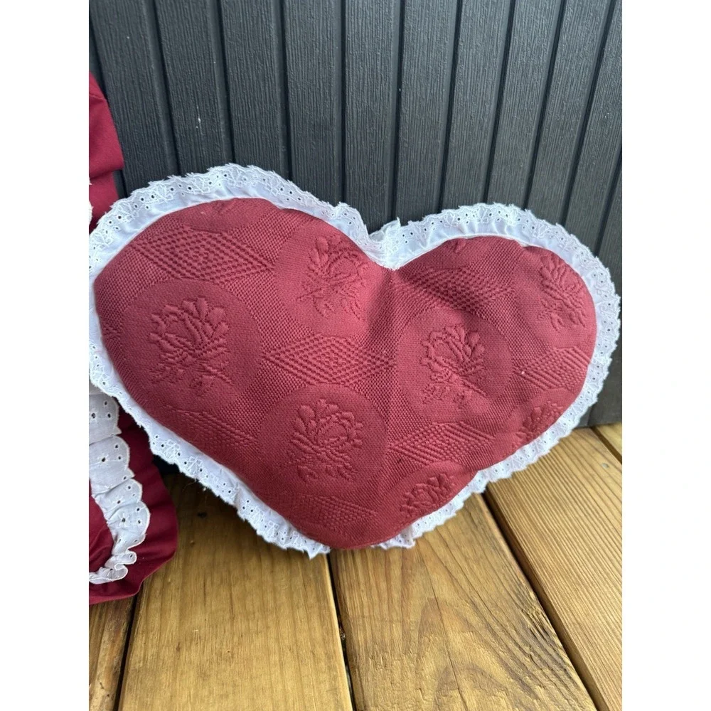 2 Vintage Valentines Cross Stitched Pillow Red Ruffle 90s Handmade Snoopy Heart
